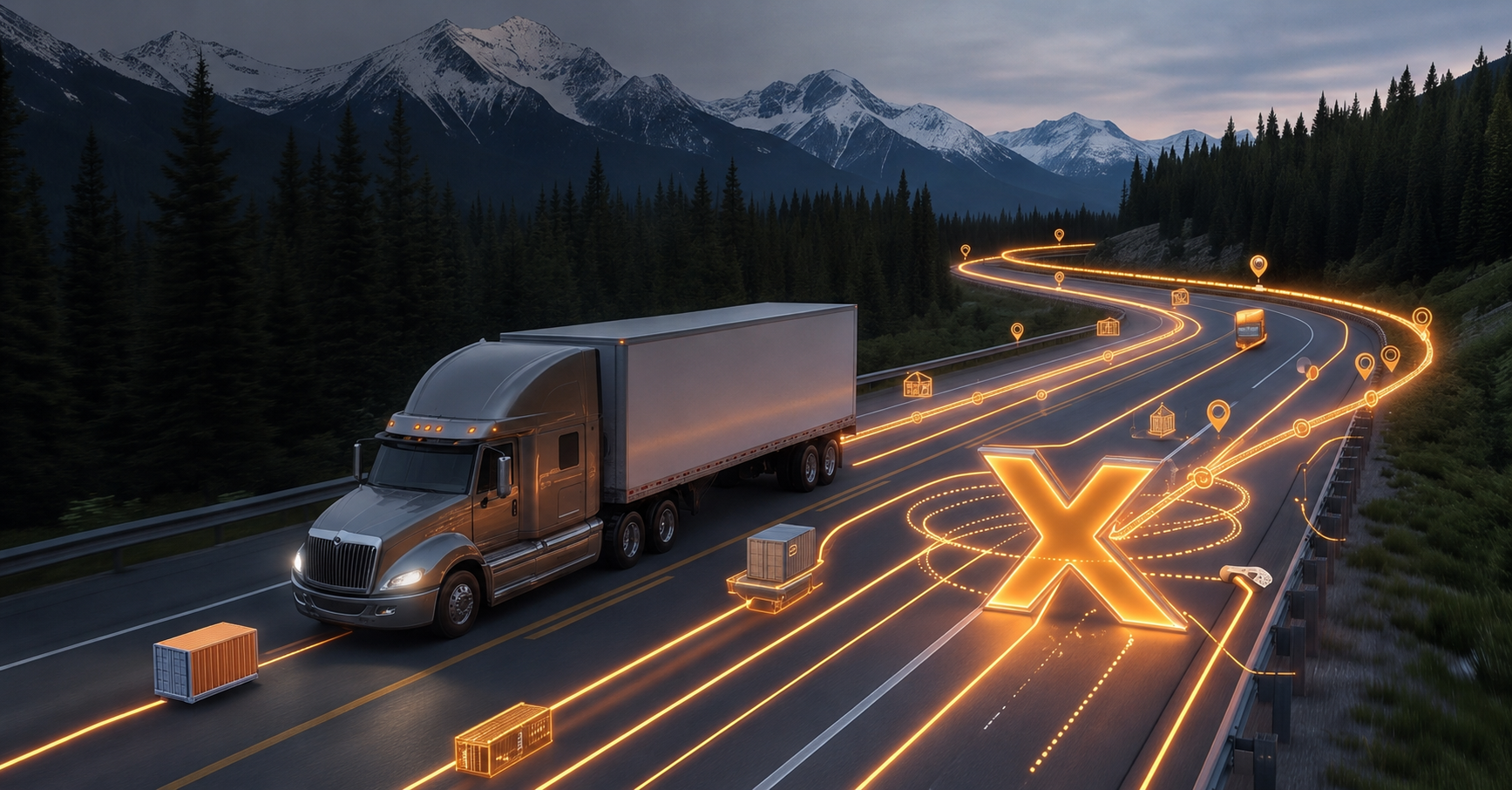 Loadmax truck travelling through the Canadian mountains on a connected logistics route